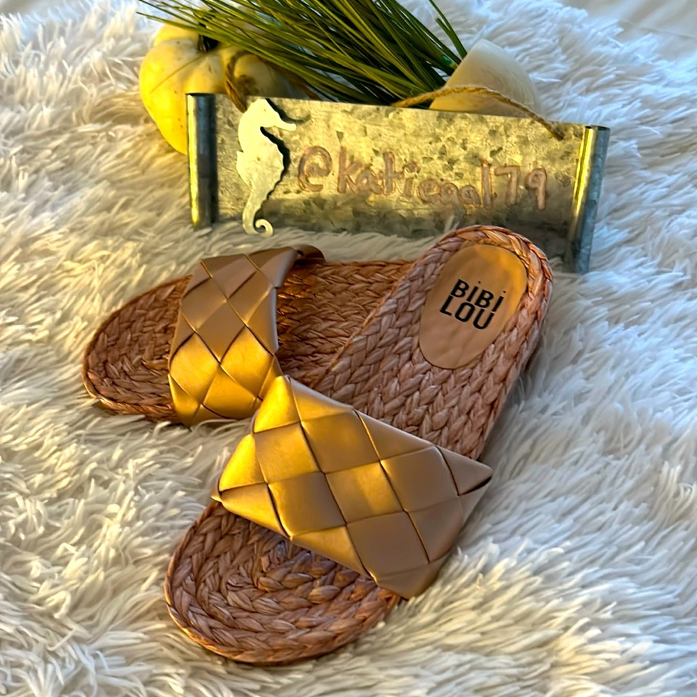 BiBi Metallic Gold Woven Slide Sandals